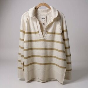 Aerie Womens Collared Pullover Sweater Cream Gold Striped Long Sleeve Medium